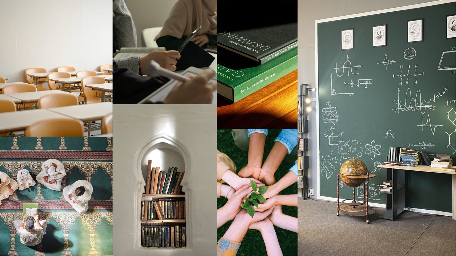 Moodboard: classrooms, books, a mosque and hands holding a young plant