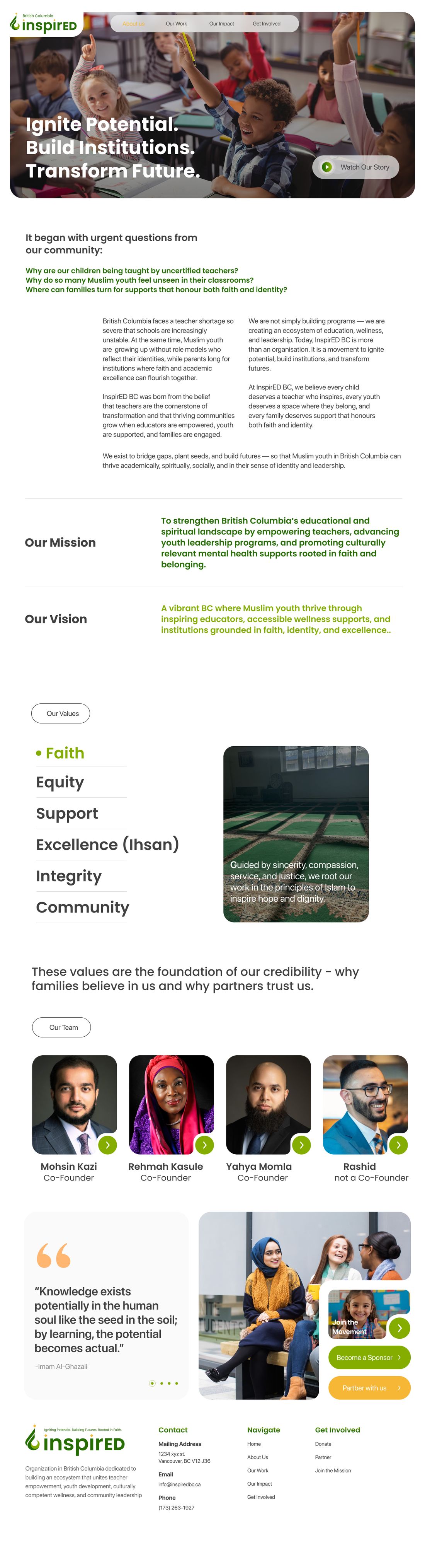InspirED website: About Us page, full length
